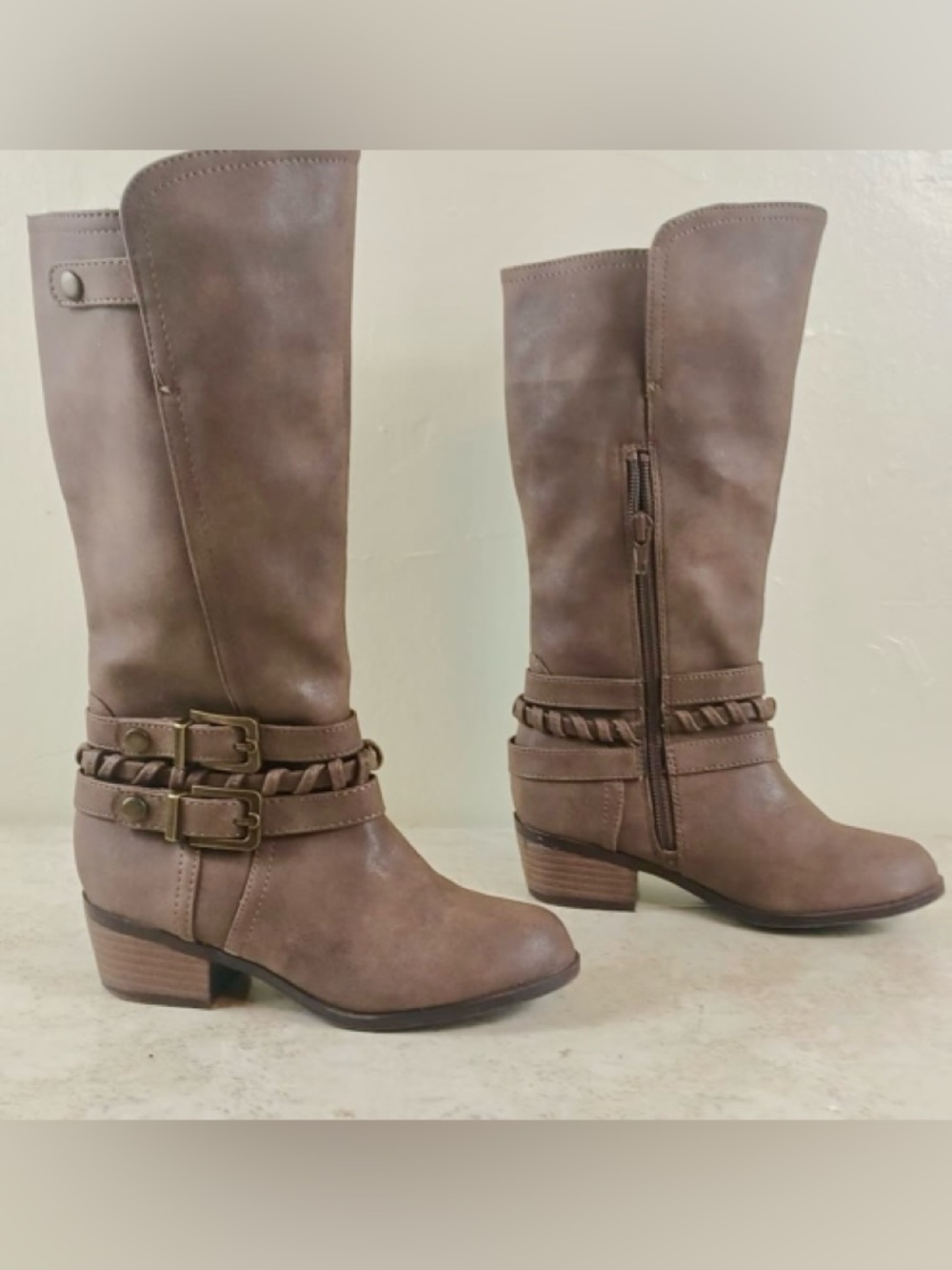 Sugar Brown Mid-Calf Braided Strap Buckle Boots